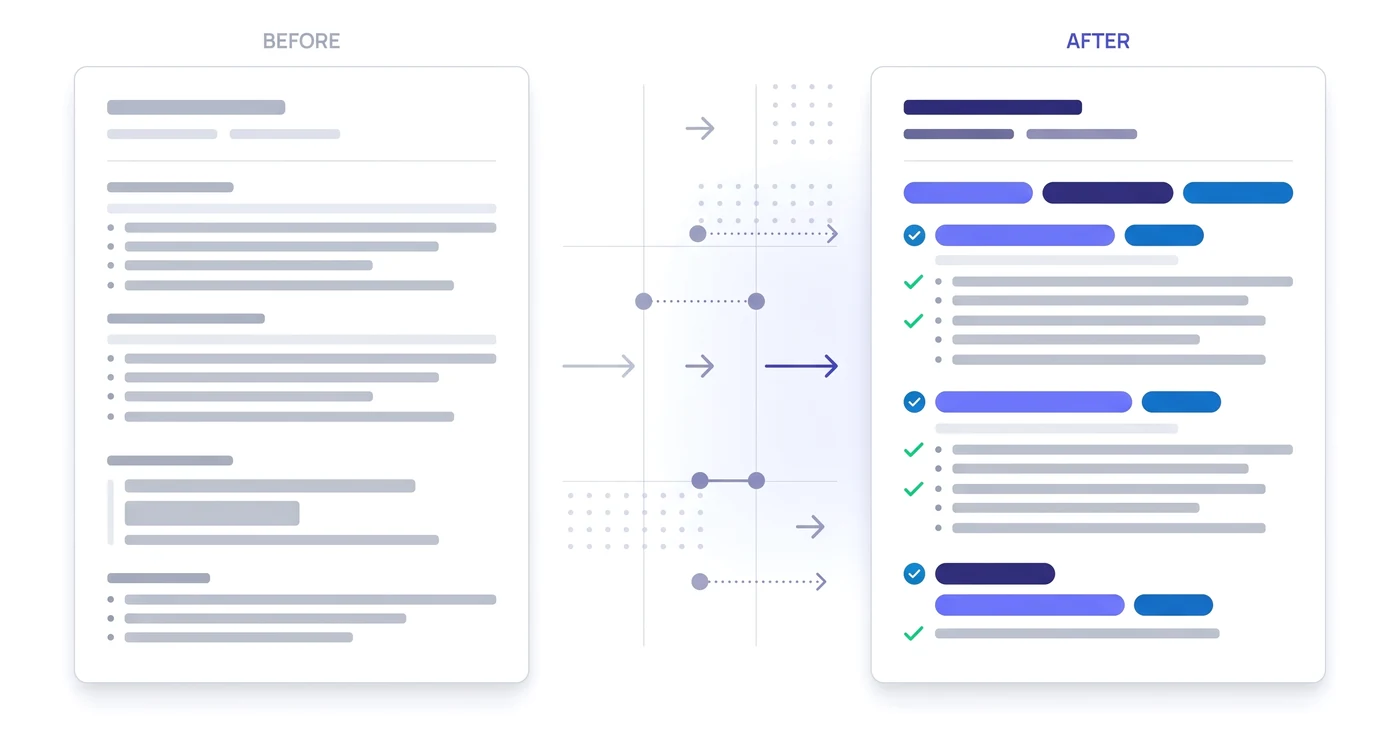 A resume before and after tailoring: the same experience, better aligned with the target job